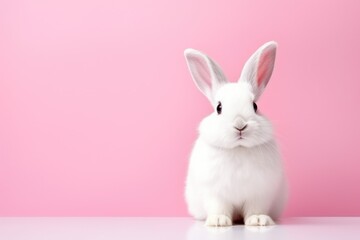 Cute white rabbit on pink background with copy space for text