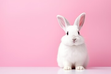 Naklejka na ściany i meble Cute white rabbit on pink background with copy space for text