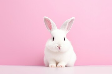 Cute white rabbit on pink background with copy space for text