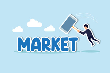 Beating the stock market, investor or active funds who win and earn more than stock market return concept, businessman investor or fund manager holding hammer to hit trying to beat the word Market.