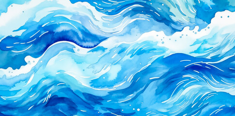 Ocean water wave cartoon fun illustration, copy space for text. Blue yellow calm lake ripples background for pool party, river camping or beach travel. Web banner backdrop graphic by Vita - obrazy, fototapety, plakaty