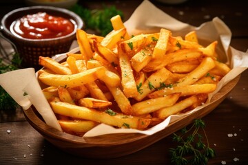Hot crispy fries on the table