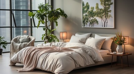 Naklejka premium Comfortable bright bed with pillows and blankets in the room.