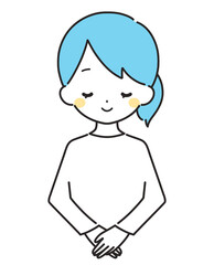 水色｜笑顔でお辞儀をする女性｜私服