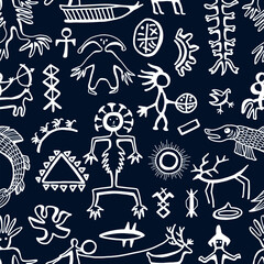 Seamless pattern with northern styled ornament and doodle elements of unuit, chukchi, American native art, mystical emblems
