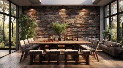 Fototapeta premium Contemporary dining room design into one living room with brick walls and wooden floors