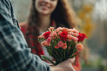 happy valentine day, young man gives flowers for his girl friend on holiday