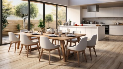 Fototapeta premium Contemporary minimalist kitchen and dining room interior. with all white furniture