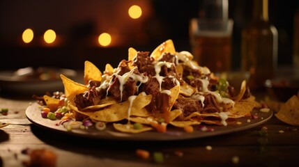 Naklejka na ściany i meble An enticing shot of adobotopped nachos, with crispy tortilla chips generously heaped with adobo meat, melted cheese, and a drizzle of tangy adoboinfused sauce, creating a delightful fusion