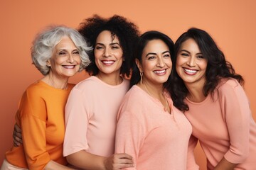 Four happy multi-aged  women leaning against studio background,