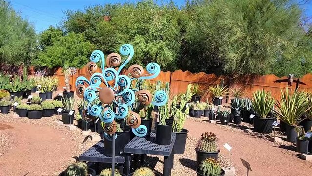 Gold and blue windmill spinning in Arizona garden