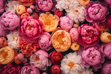 Colorful flower background of fresh peonies, beautiful floral backdrop - obrazy, fototapety, plakaty