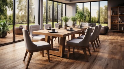 Fototapeta premium wooden dining table and chairs in a modern home with elegant lighting arrangements
