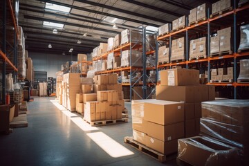 Retail warehouse full of shelves with goods in cartons, 