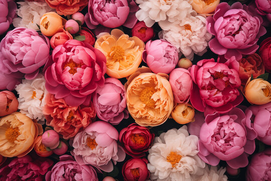 Colorful flower background of fresh peonies, beautiful floral backdrop