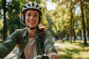 Fototapeta na wymiar Happy woman wearing a helmet and listening to her favorite music while riding a bicycle through a city park