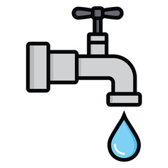 Water tap faucet with drop. Flat tap with pipe drip. Turn spigot of flow. Vector Icon for house, economize and bathroom. Isolated on white background.