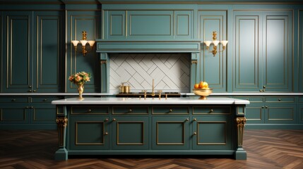 green classic kitchen in front view with Kitchen appliances.