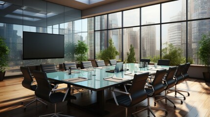 empty meeting room with table and large television