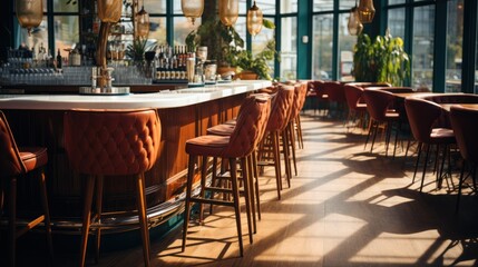 Modern interior, comfortable cafe or bar which is empty of visitors, during the day