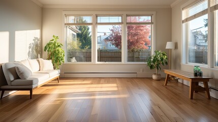 Empty living room with hardwood floor with minimalist furniture in modern apartment