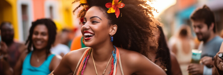 Ritmo y Alegría: Retrato de Mujer Afro Sonriente en las Fiestas Panameñas.