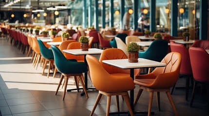 Naklejka premium an empty cafe with lots of tables and chairs