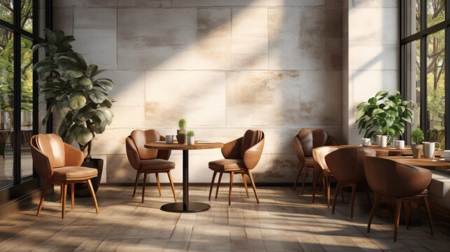 Coffee shop interior design With brown chairs and white walls.