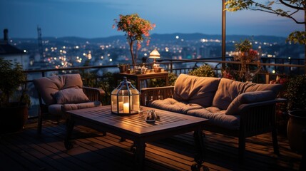 the terrace of the house at night is comfortable for relaxing