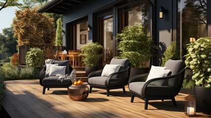 Interior wooden veranda with garden furniture. Modern outdoor lounge in the backyard