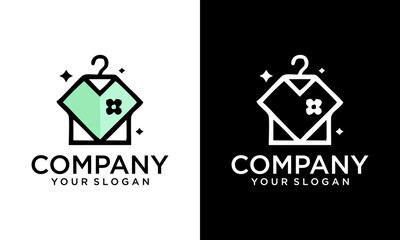 Laundry logo design, dry cleaning logo template. Simple laundry illustration logo with t-shirt and hanger symbol. Laundry vector logo on white and black background.