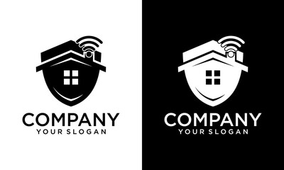 Home Protect logo design template. Vector shield and house logotype illustration. Graphic home security icon label. Modern building alarm symbol. Security sign badge isolated on white background