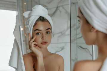 Portrait of young girl with towel on head in bathroom looks and touches her face in the mirror and enjoys youth and hydration