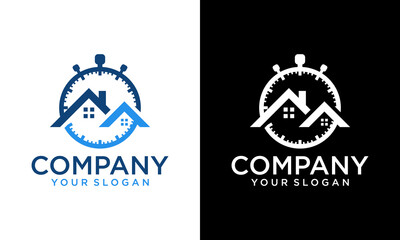 Creative logo design home time, clock, timer symbol vector. Building and stopwatch with arrow icon, smart house symbol,