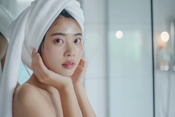 Portrait of young Asian girl with towel on head in bathroom looks and touches her face in the mirror and enjoys youth and hydration