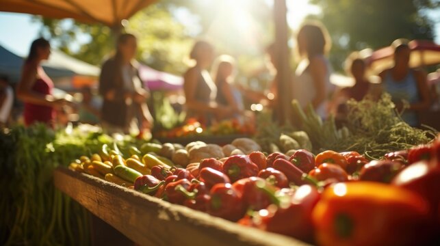 A bustling farmers market, with vendors from local farms proudly displaying their produce and engaging with customers.