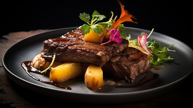 karubi beef short rib bone concept style on black plate elegant platting concpet