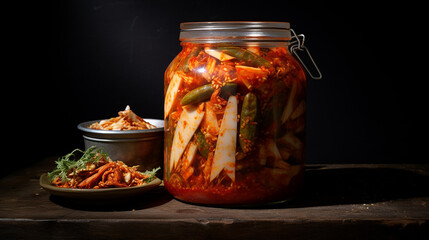 kimchi on transparent jar with dark background . homemade kimchi