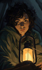 Wallpaper de a woman with short curly hair sitting in a tent with a lantern in front of him, in the style of subversive film