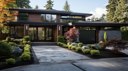 Obraz premium front view of a modern and luxurious suburban house