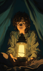 Wallpaper de a woman with short curly hair sitting in a tent with a lantern in front of him, in the style of subversive film