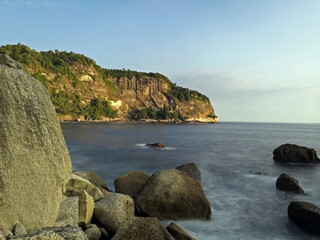 Beautiful seascape with long exposure of a beach in Pacitan, East Java, Indonesia