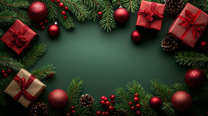 green Christmas background with giftboxes, fir tree branches, red ornaments