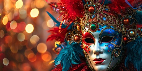 venecian mask in colorful festive background, banner, copyspace, Generative AI