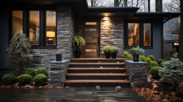 House facade with gray stone brick wall and front door. Lights, front windows, stairs and railings.