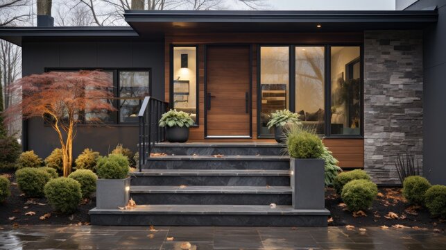 House facade with gray stone brick wall and front door. Lights, front windows, stairs and railings.