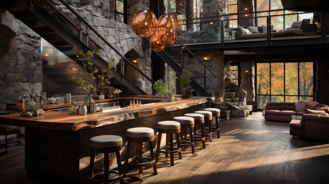 bar style with stairs with a dark design