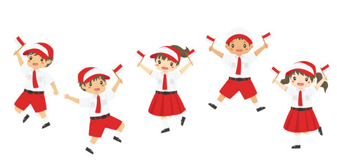 Indonesia elementary school students holding flags character vector. Happy kids students celebrating Indonesia Independence Day