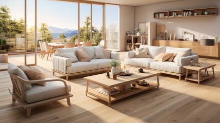Fototapeta premium Bright Scandinavian style apartment living room design and pastel white, cream colors with trendy furniture