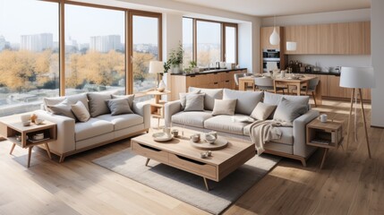 Fototapeta premium Bright Scandinavian style apartment living room design and pastel white, cream colors with trendy furniture